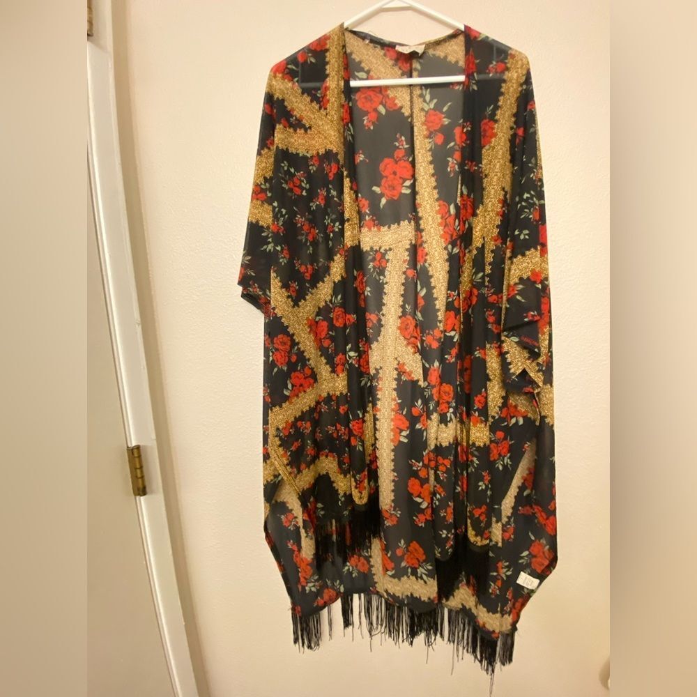 Ember Floral Boho Fringe Festival Kimono Duster Cardigan Fringe mesh sheer Large